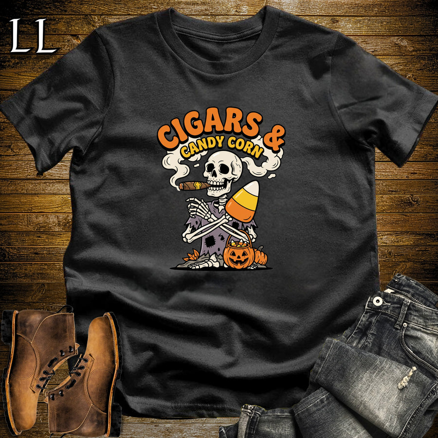 Cigars & Candy Corn Skeleton Pairing Badge T-Shirt Black | Skeleton Cigar Pairing Shirt