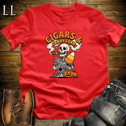 Cigars & Candy Corn Skeleton Pairing Badge T-Shirt Red | Skeleton Cigar Pairing Shirt