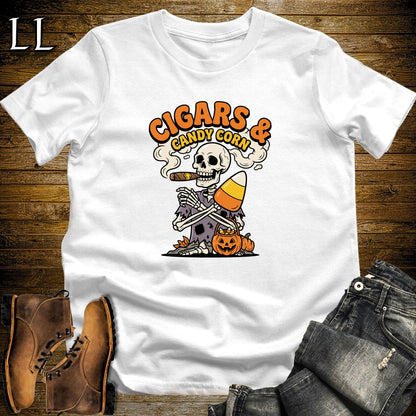 Cigars & Candy Corn Skeleton Pairing Badge T-Shirt White | Skeleton Cigar Pairing Shirt