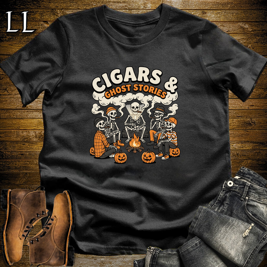 Cigars & Ghost Stories Skeleton Campfire T-Shirt Black | Skeleton Campfire Cigar Shirt