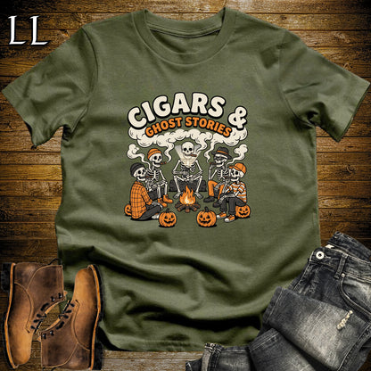 Cigars & Ghost Stories Skeleton Campfire T-Shirt Military Green | Skeleton Campfire Cigar Shirt
