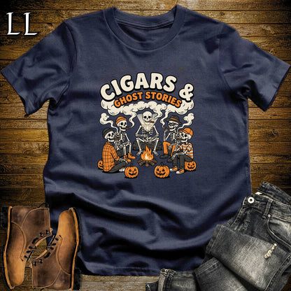 Cigars & Ghost Stories Skeleton Campfire T-Shirt Navy | Skeleton Campfire Cigar Shirt