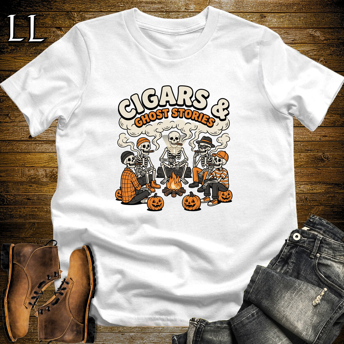 Cigars & Ghost Stories Skeleton Campfire T-Shirt White | Skeleton Campfire Cigar Shirt