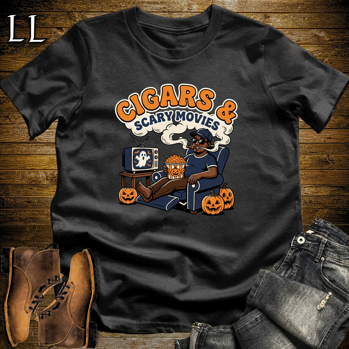 Cigars & Scary Movies Recliner Popcorn Black Man T-Shirt Black | Scary Movie Night Cigar Shirt