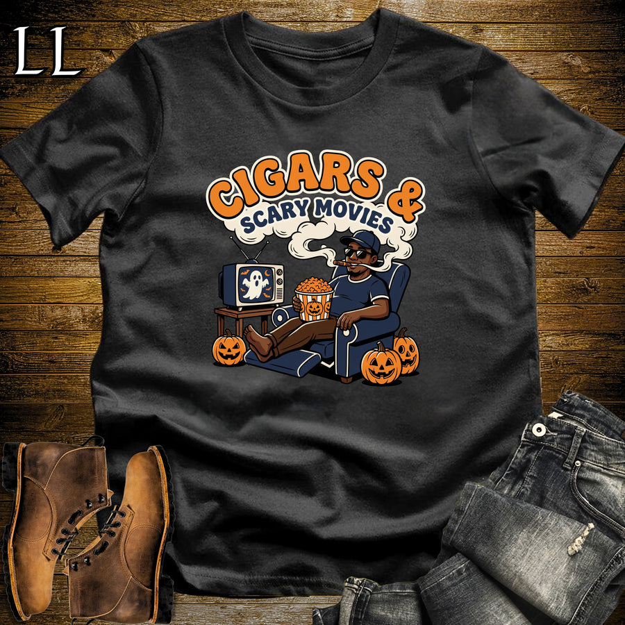 Cigars & Scary Movies Recliner Popcorn Black Man T-Shirt Black | Scary Movie Night Cigar Shirt