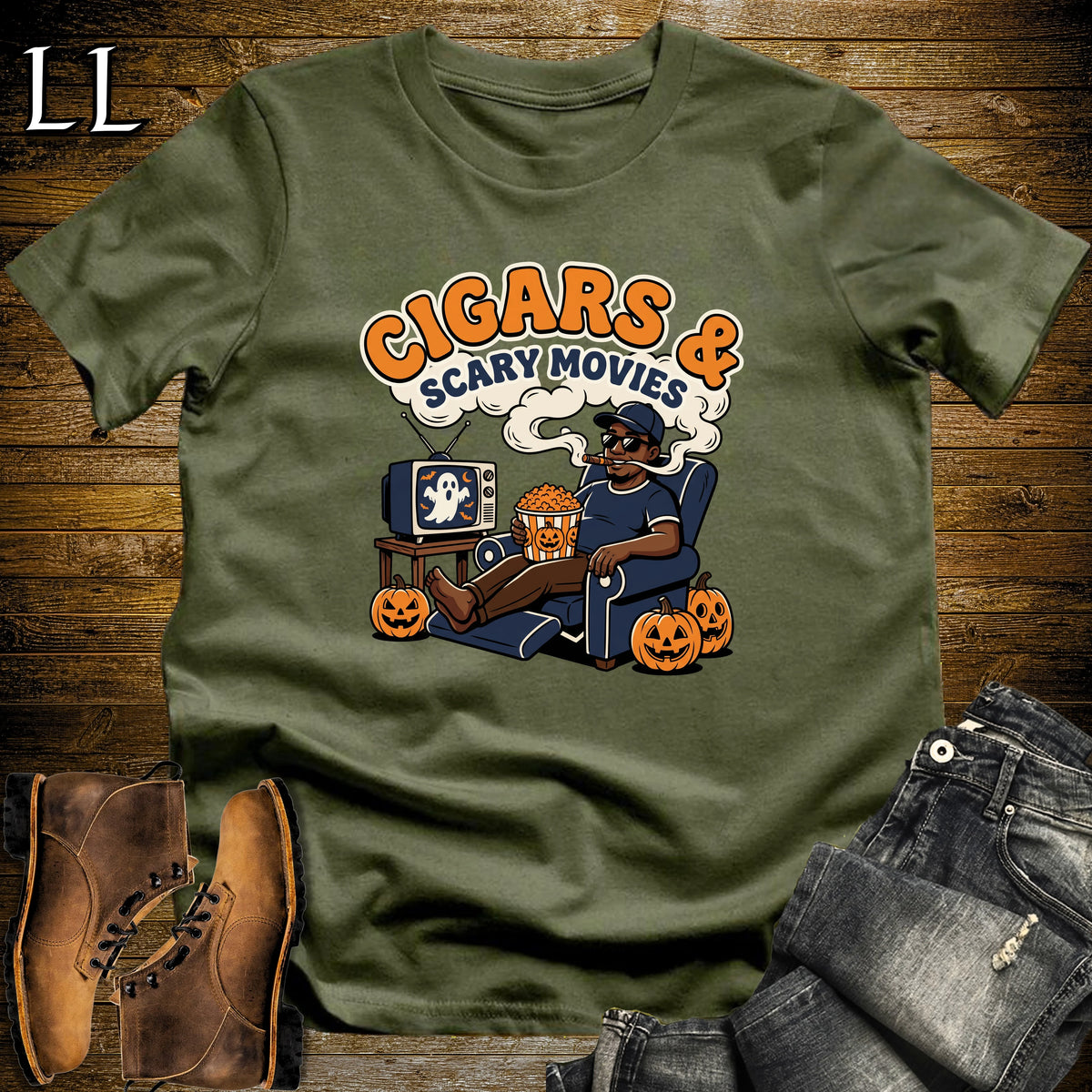 Cigars & Scary Movies Recliner Popcorn Black Man T-Shirt Military Green | Scary Movie Night Cigar Shirt