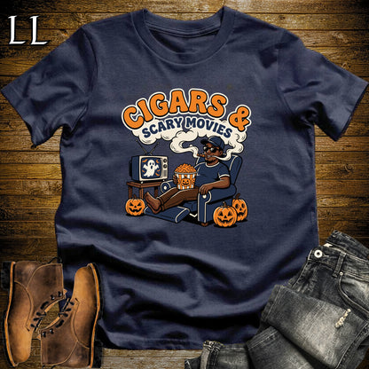 Cigars & Scary Movies Recliner Popcorn Black Man T-Shirt | Scary Movie Night Cigar Shirt