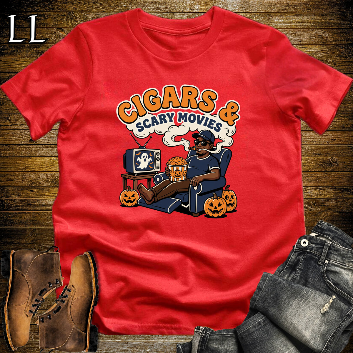 Cigars & Scary Movies Recliner Popcorn Black Man T-Shirt | Scary Movie Night Cigar Shirt