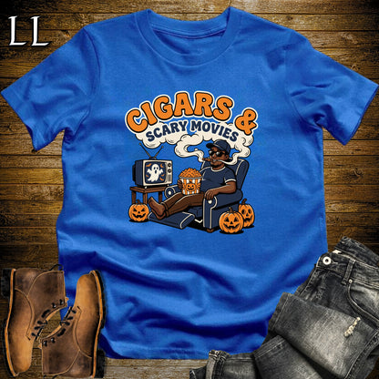 Cigars & Scary Movies Recliner Popcorn Black Man T-Shirt | Scary Movie Night Cigar Shirt