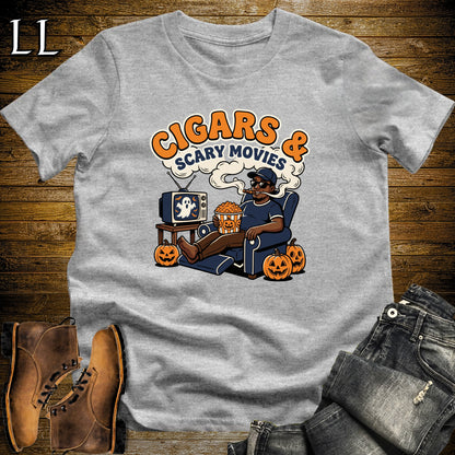 Cigars & Scary Movies Recliner Popcorn Black Man T-Shirt Sport Grey | Scary Movie Night Cigar Shirt