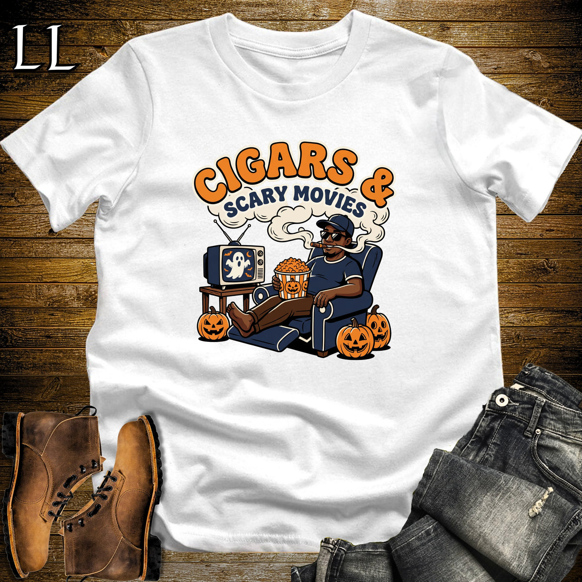 Cigars & Scary Movies Recliner Popcorn Black Man T-Shirt | Scary Movie Night Cigar Shirt