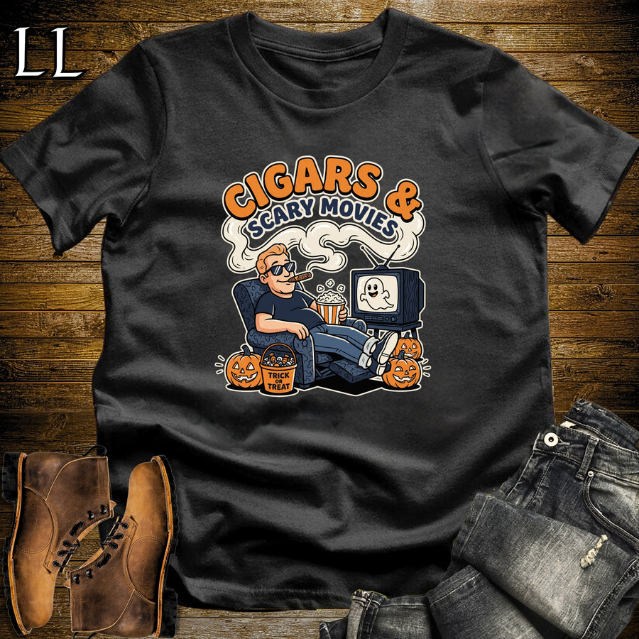 Cigars & Scary Movies Recliner Popcorn White Man T-Shirt Black | Scary Movie Night Cigar Shirt