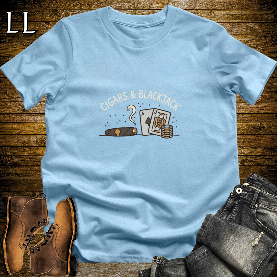 Cigars and Blackjack T-Shirt Light Blue | Cigar Blackjack Casino Gift Tee