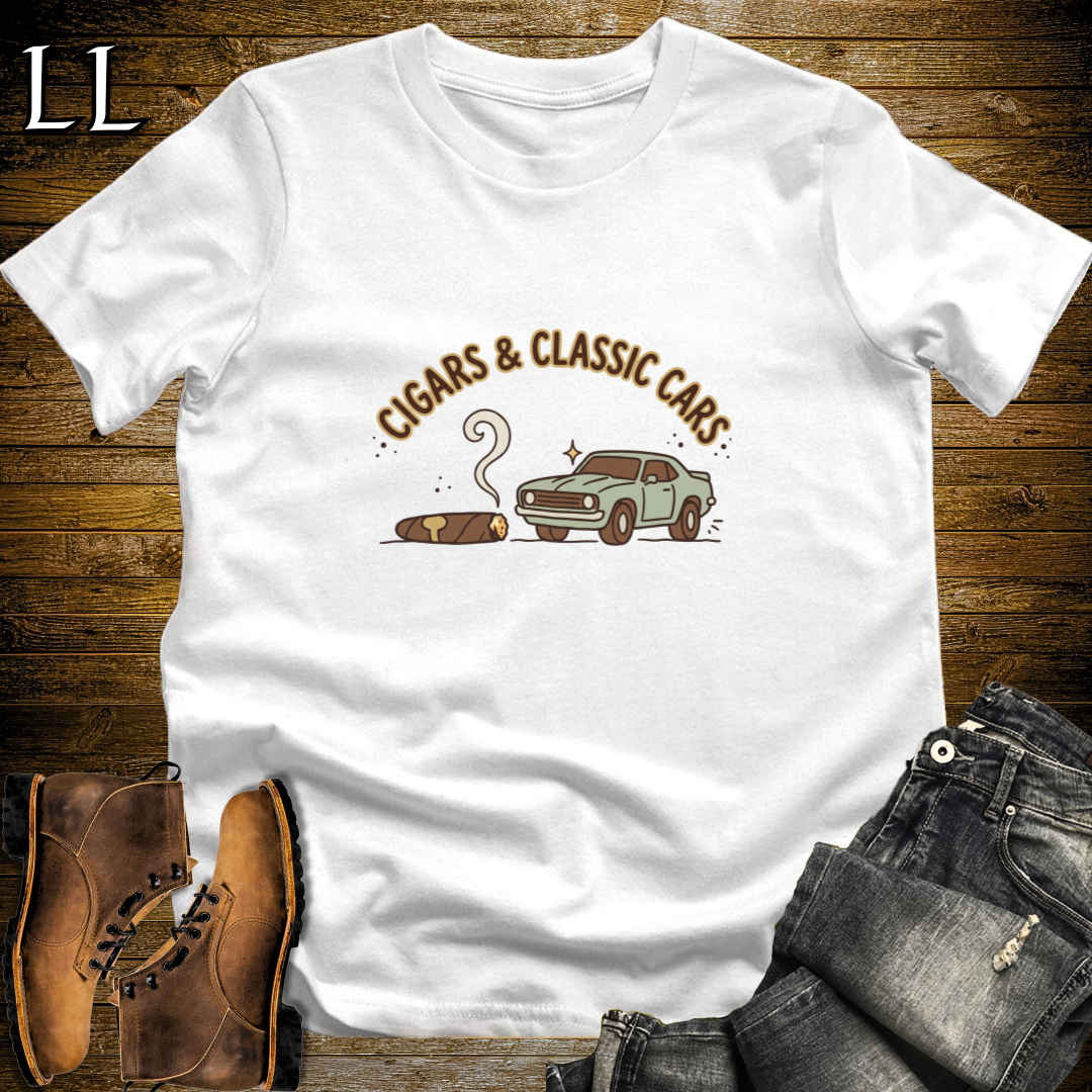 Cigars and Classic Cars T-Shirt White | Cigar Lover Car Show Gift Tee