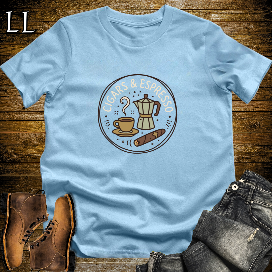 Cigars and Espresso T-Shirt Light Blue | Cigar Coffee Lover Gift Tee