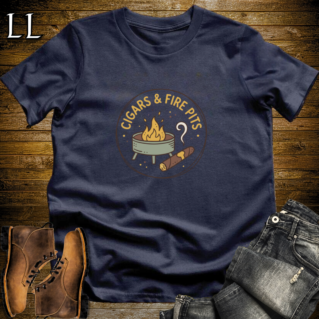 Cigars and Fire Pits T-Shirt Navy | Backyard Cigar Gift