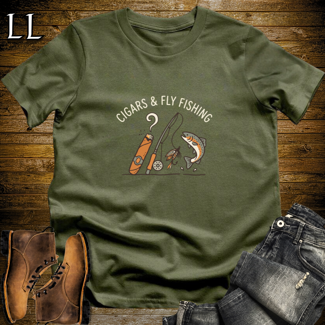 Cigars and Fly Fishing T-Shirt Military Green | Fly Fishing Cigar Gift Tee