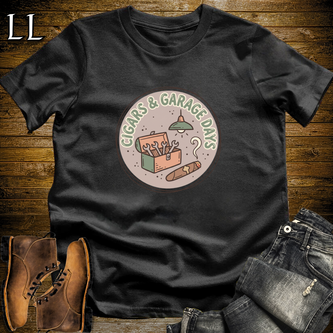 Cigars and Garage Days T-Shirt Black | Man Cave Cigar Gift Tee