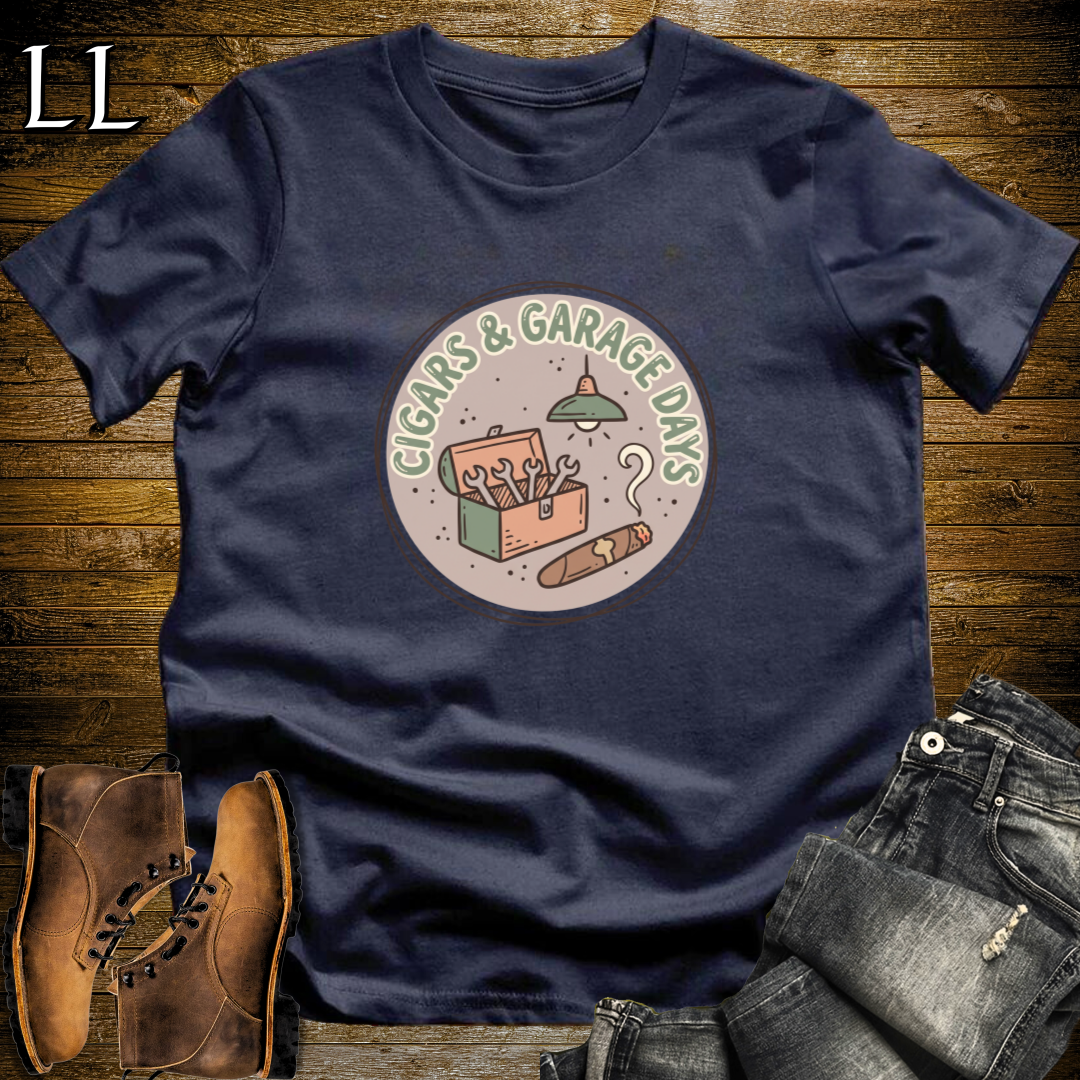 Cigars and Garage Days T-Shirt Navy | Man Cave Cigar Gift Tee
