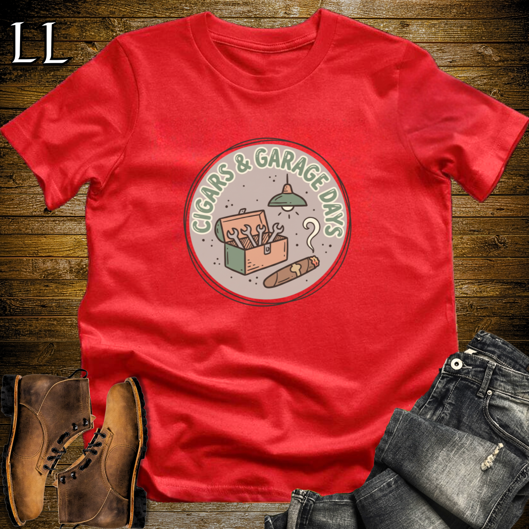 Cigars and Garage Days T-Shirt Red | Man Cave Cigar Gift Tee