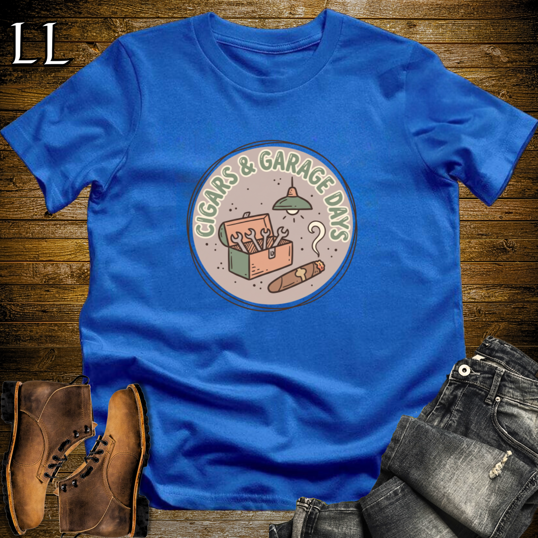 Cigars and Garage Days T-Shirt Royal Blue | Man Cave Cigar Gift Tee