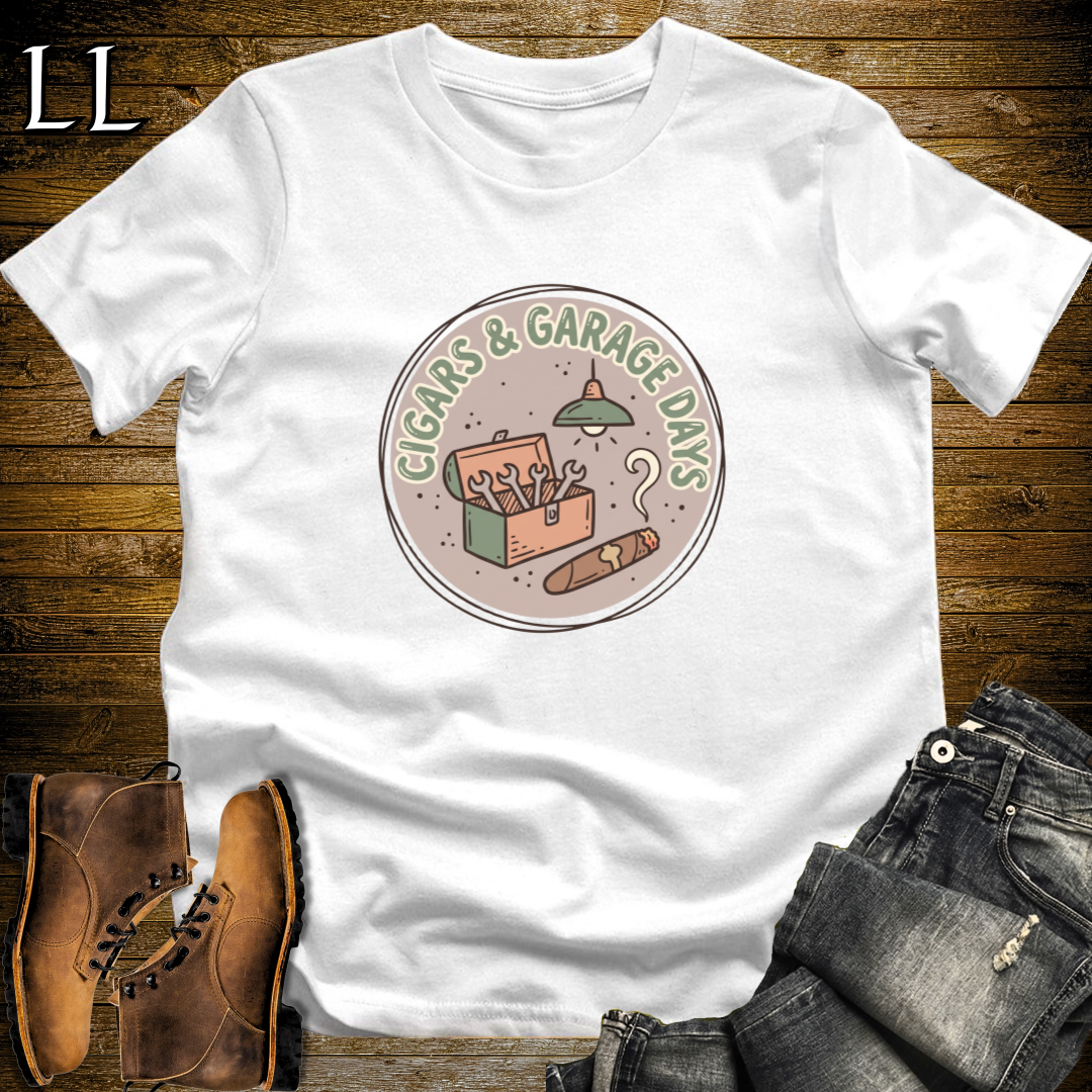 Cigars and Garage Days T-Shirt White | Man Cave Cigar Gift Tee
