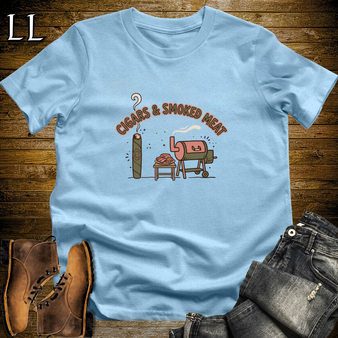 Cigars and Smoked Meat T-Shirt Light Blue | Pitmaster BBQ Gift