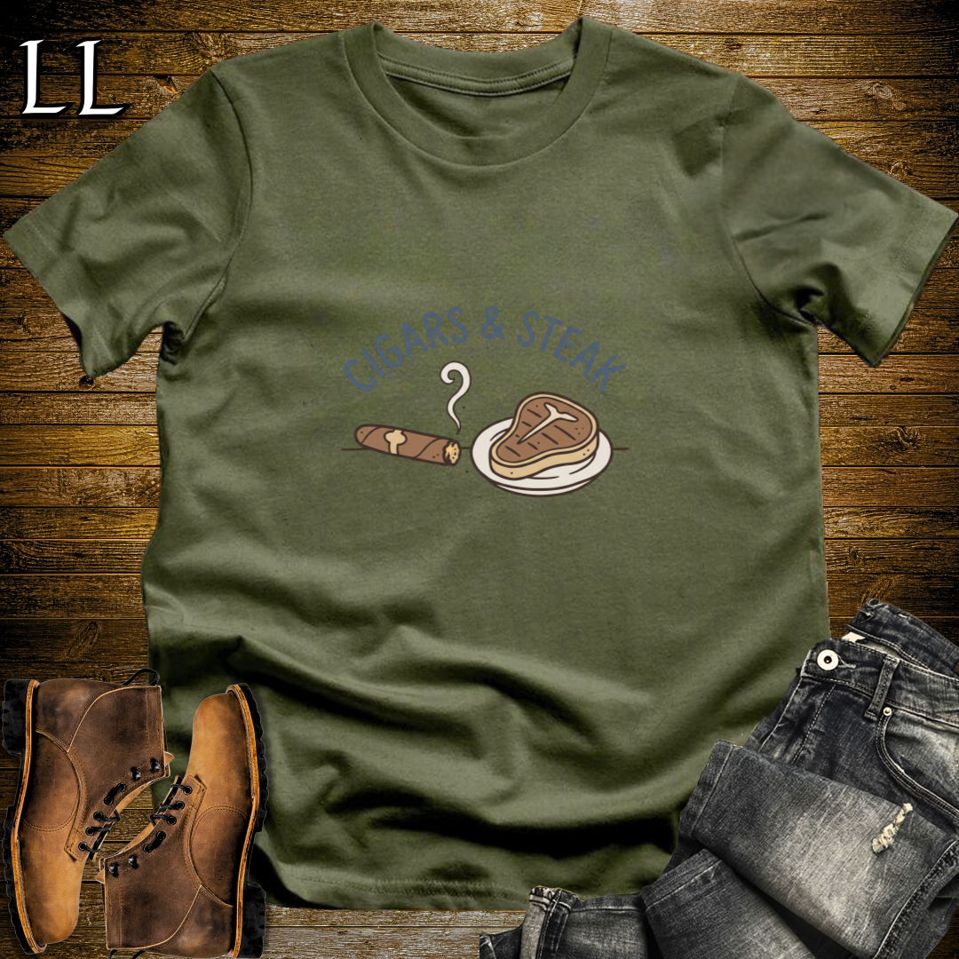 Cigars and Steak T-Shirt Military Green | Cigar Food Pairing Gift