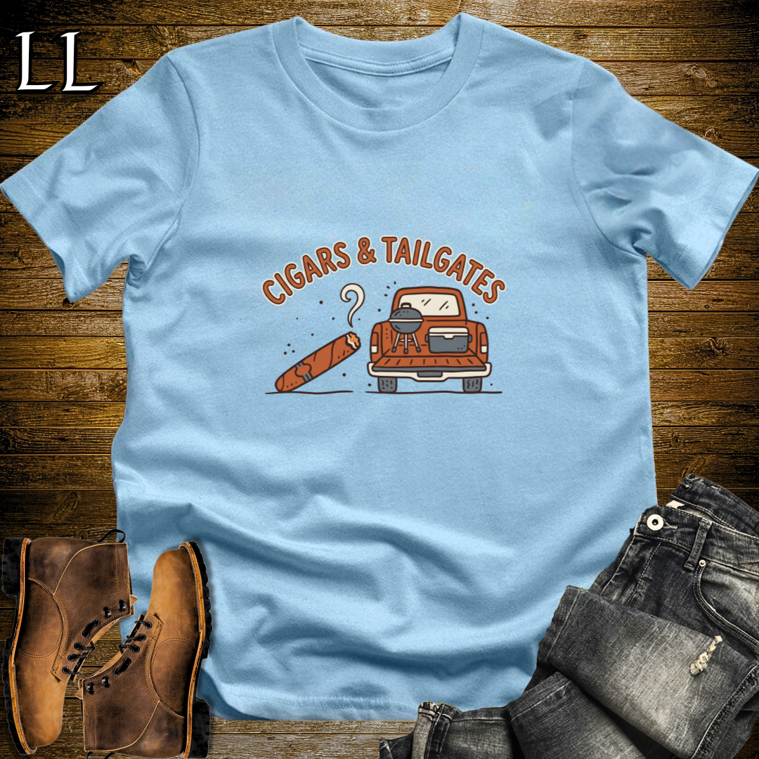 Cigars and Tailgates T-Shirt Light Blue | Tailgating Cigar Gift Tee