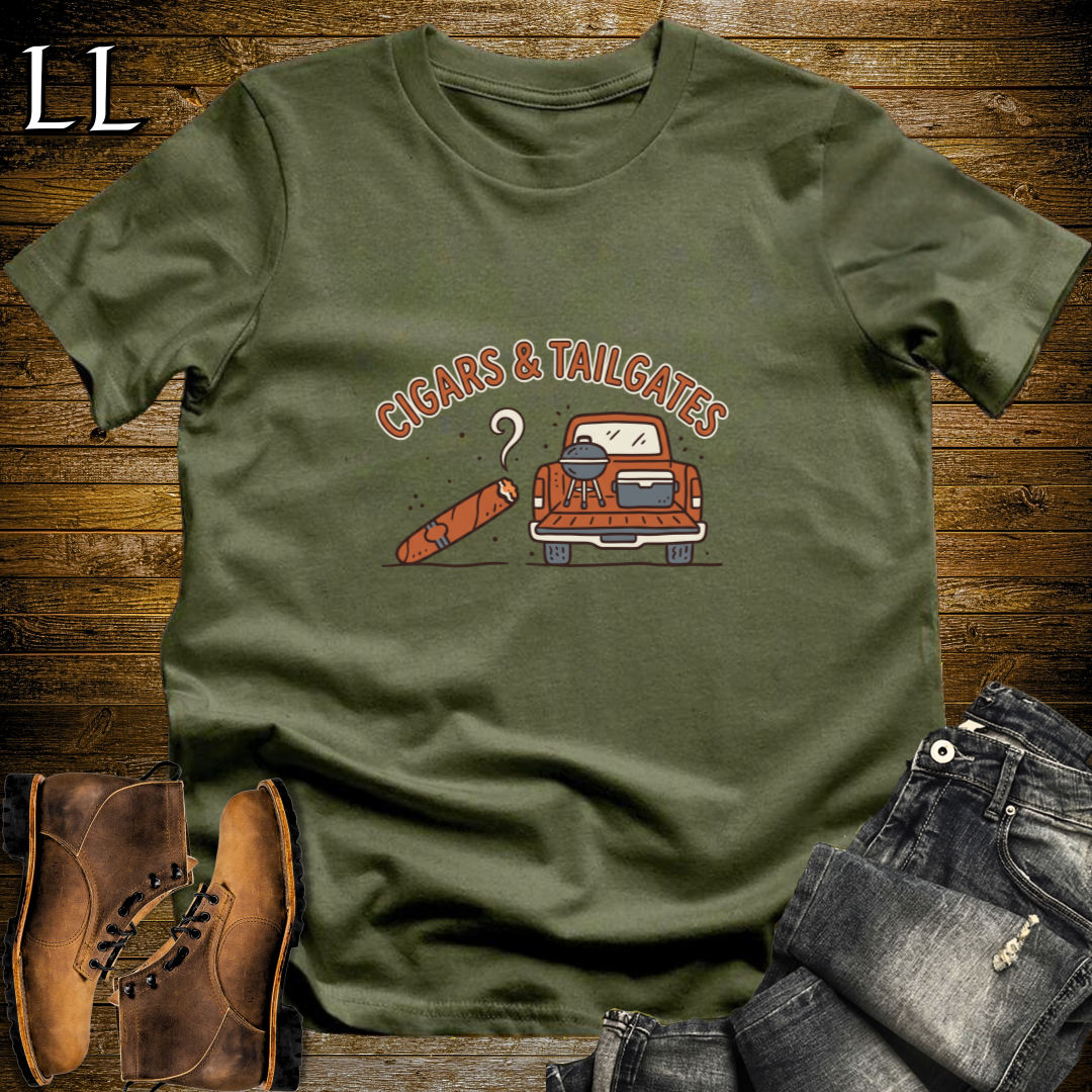 Cigars and Tailgates T-Shirt Military Green | Tailgating Cigar Gift Tee