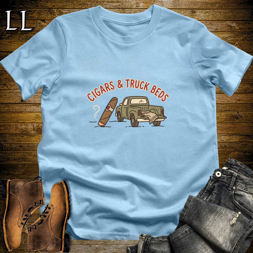 Cigars and Truck Beds T-Shirt Light Blue | Truck Owner Cigar Gift Tee