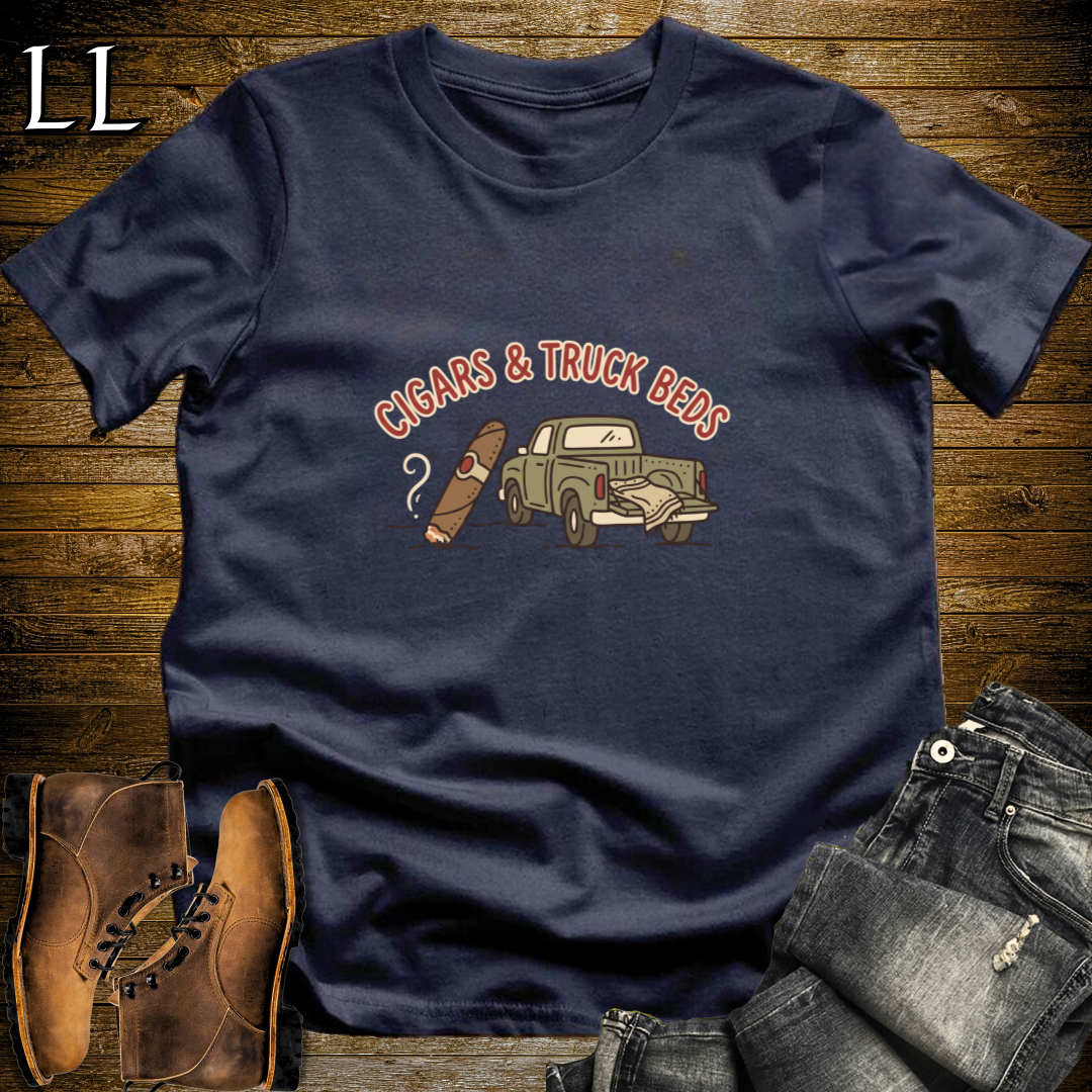 Cigars and Truck Beds T-Shirt Navy | Truck Owner Cigar Gift Tee