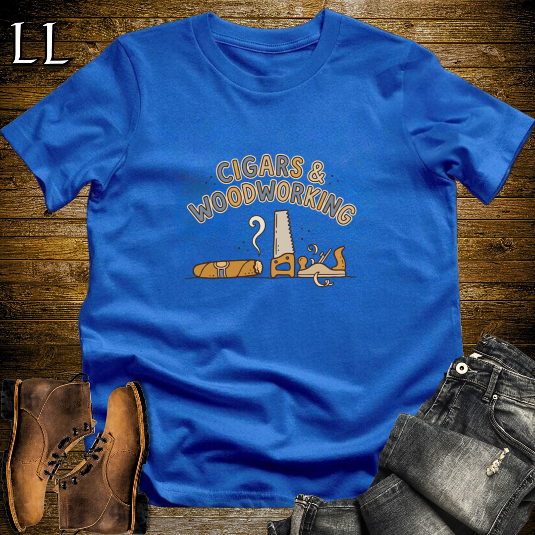 Cigars and Woodworking T-Shirt Royal Blue | Workshop Gift Shirt