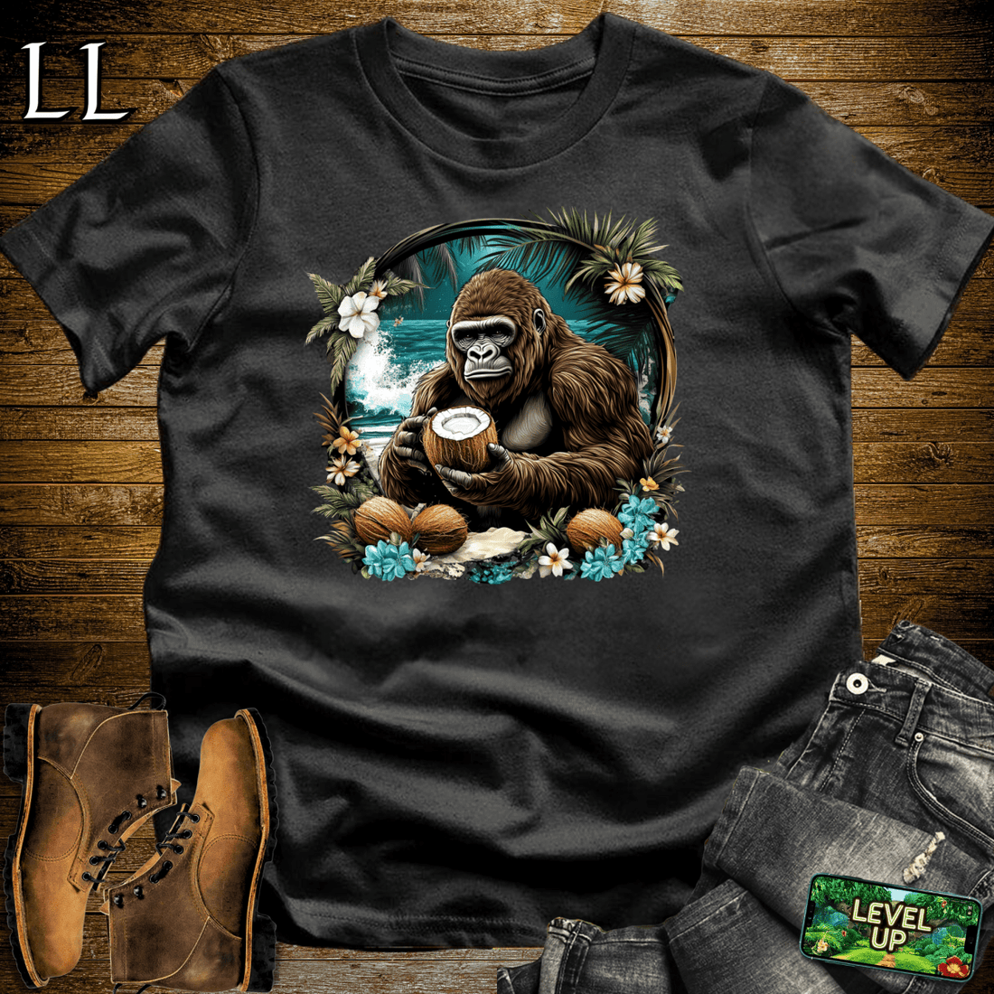 Coconut Gorilla Softstyle Tee Black | Tropical Shirt