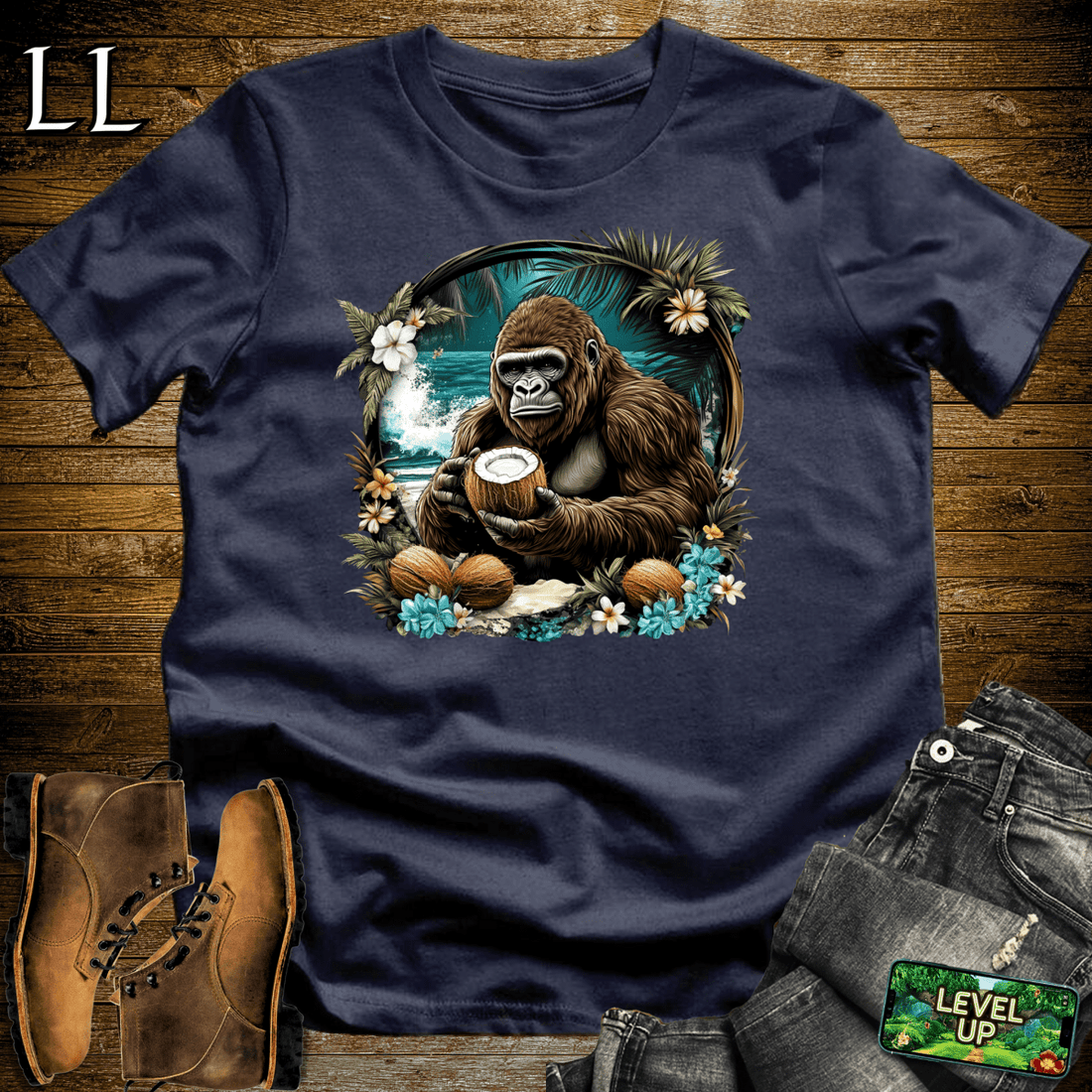 Coconut Gorilla Softstyle Tee Navy | Tropical Shirt