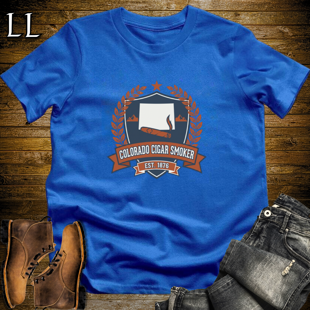 Colorado Cigar Smoker Shield T-Shirt Royal Blue | Colorado Cigar Crest Gift Tee