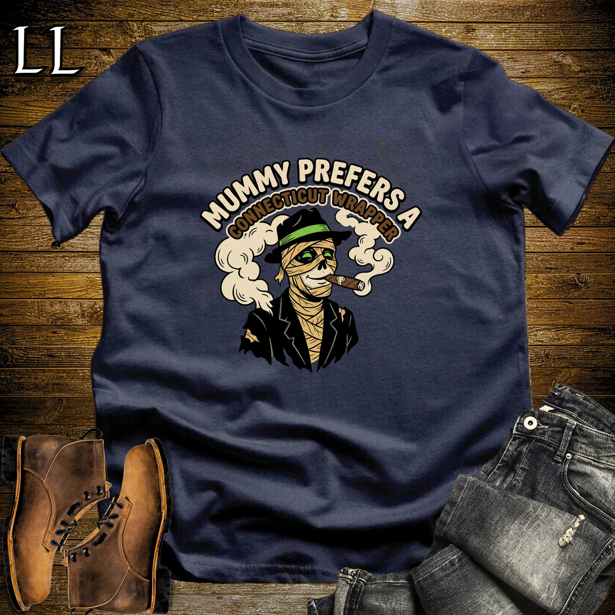 Connecticut Wrapper Dapper Mummy Cigar T-Shirt Navy | Funny Mummy Cigar Shirt