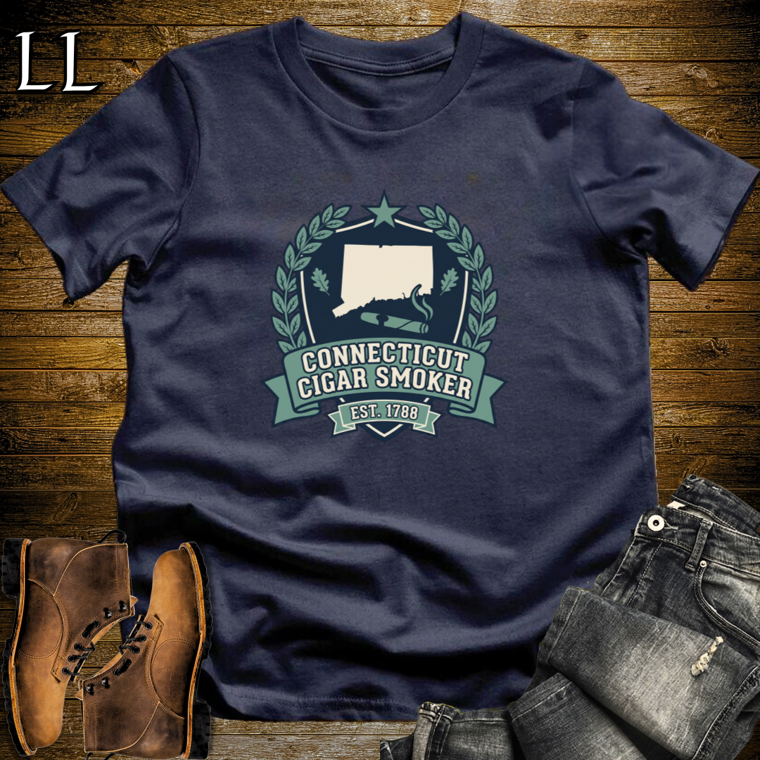 Connecticut Cigar Smoker Shield T-Shirt Navy | State Cigar Crest Shirt