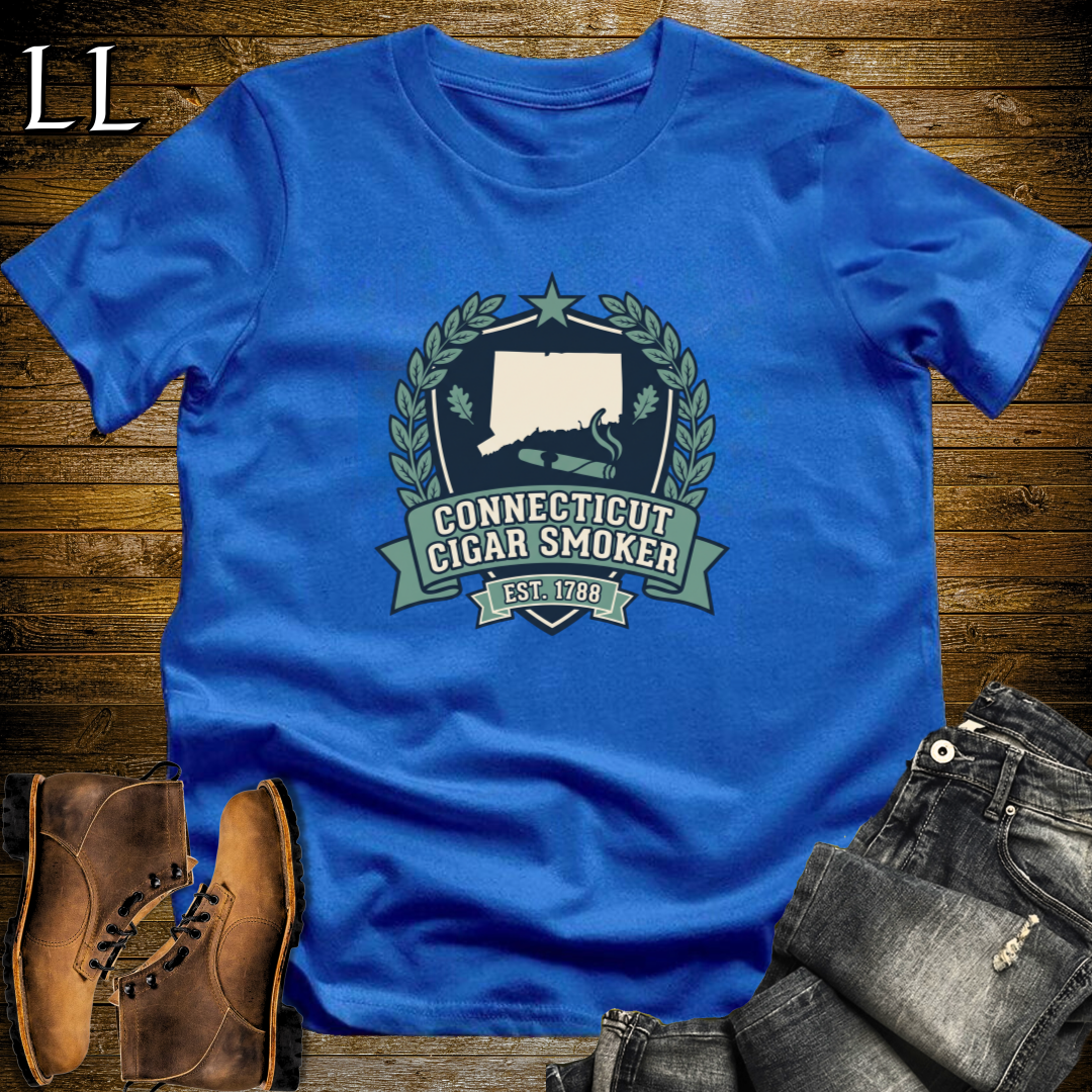 Connecticut Cigar Smoker Shield T-Shirt Royal Blue | State Cigar Crest Shirt