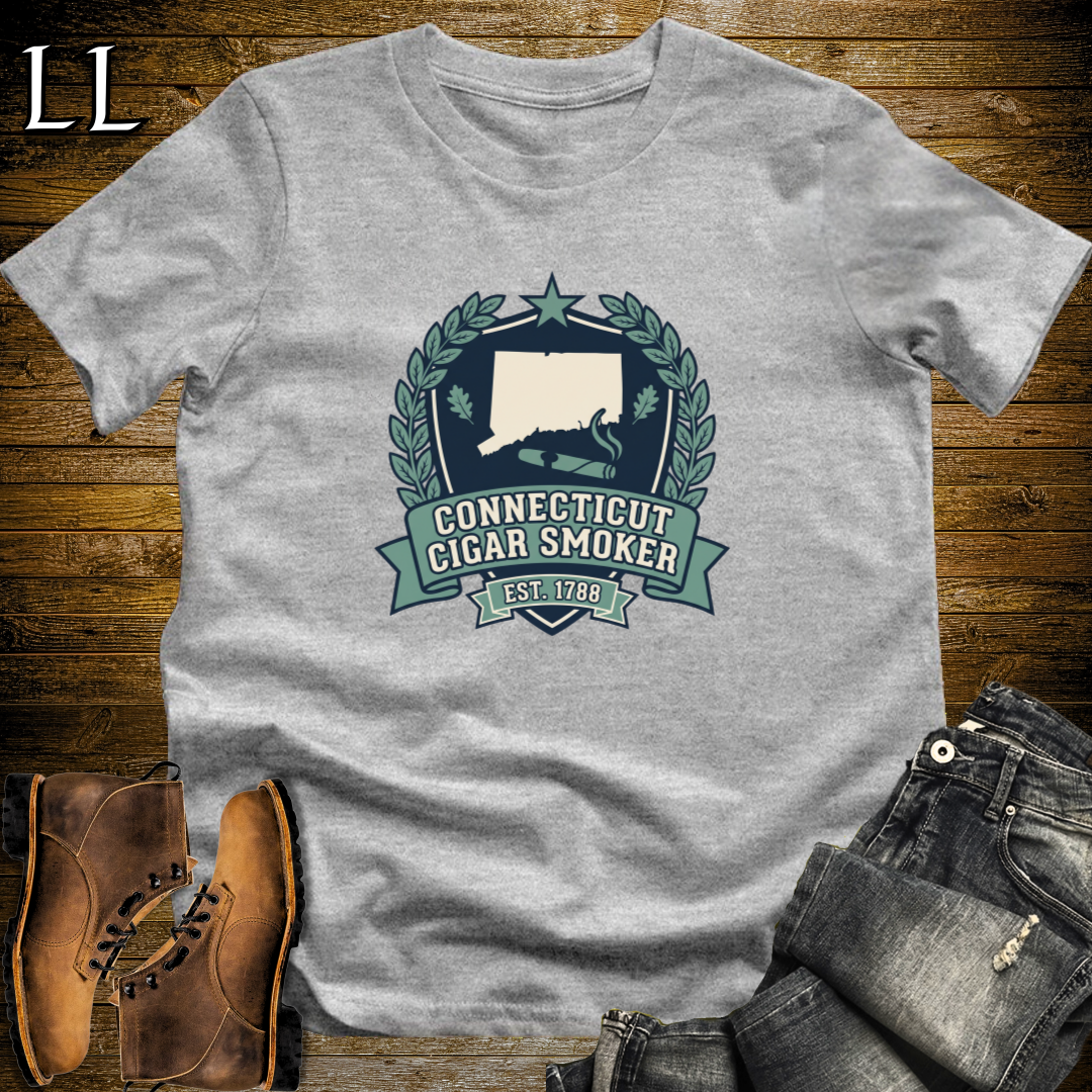 Connecticut Cigar Smoker Shield T-Shirt Sport Grey | State Cigar Crest Shirt