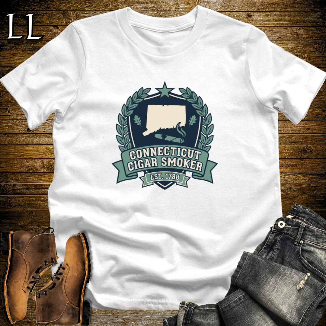 Connecticut Cigar Smoker Shield T-Shirt White | State Cigar Crest Shirt