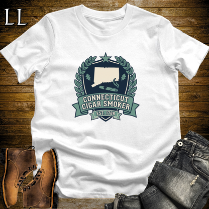 Connecticut Cigar Smoker Shield T-Shirt White | State Cigar Crest Shirt