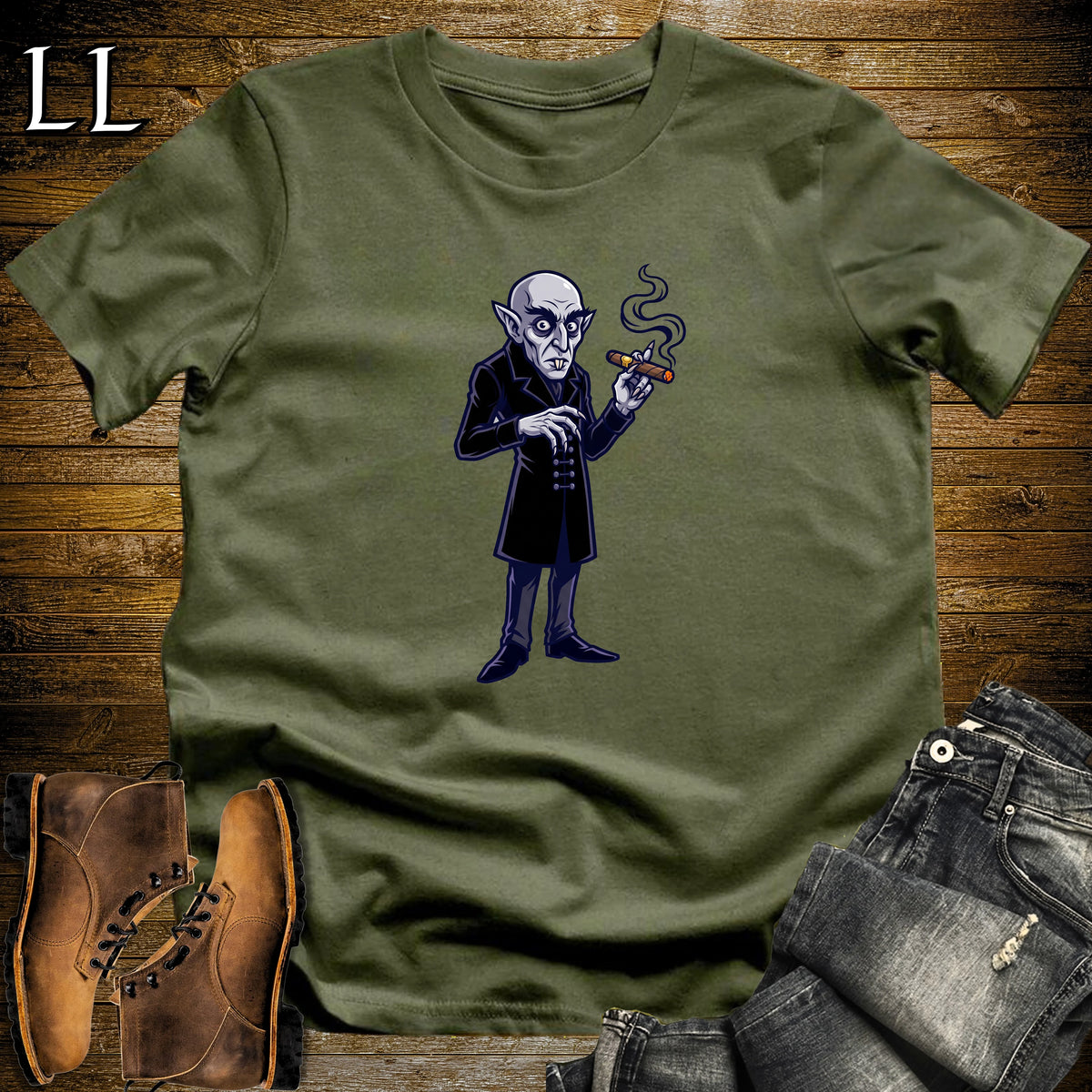 Count Orlok Nosferatu Cigar T-Shirt Military Green | Nosferatu Vampire Cigar Tee