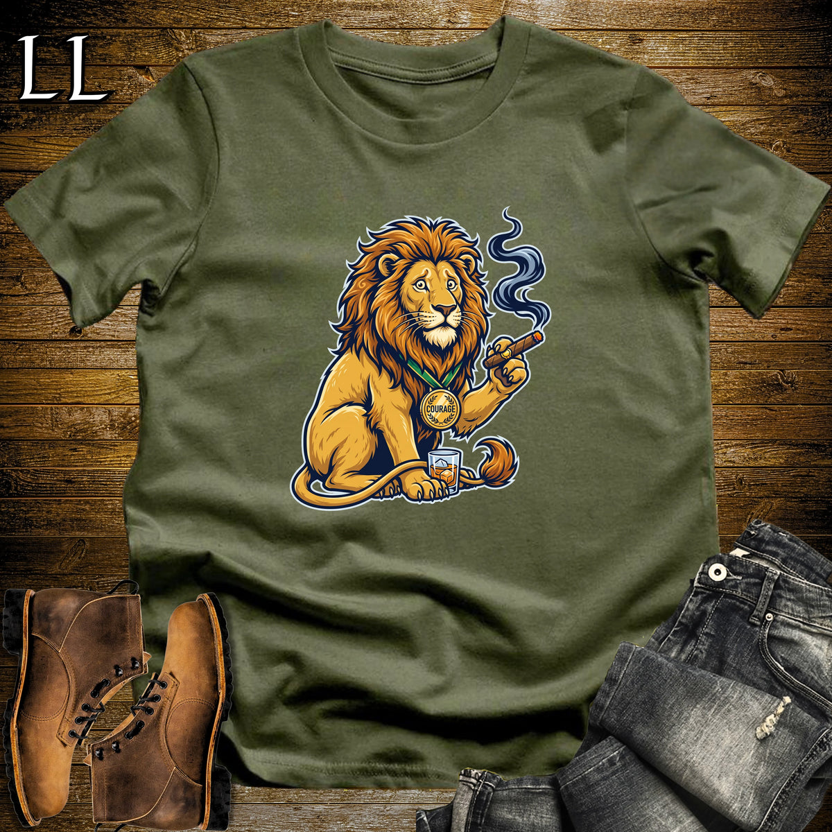Cowardly Lion Liquid Courage Cigar T-Shirt Military Green | Liquid Courage Cigar Tee