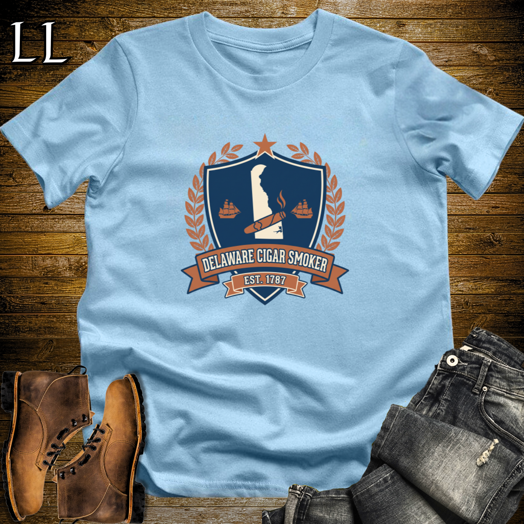 Delaware Cigar Smoker Shield T-Shirt Light Blue | Cigar Crest Gift Tee