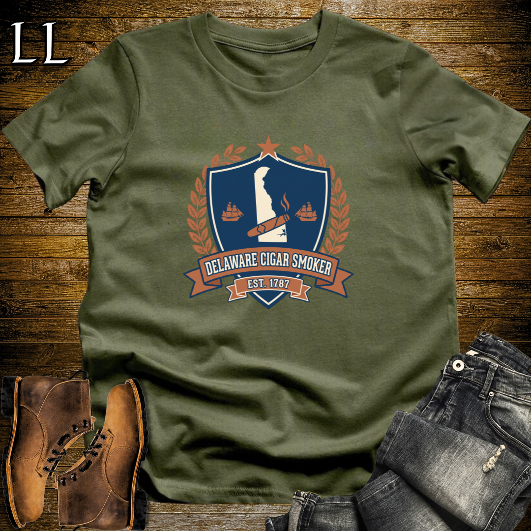 Delaware Cigar Smoker Shield T-Shirt Military Green | Cigar Crest Gift Tee