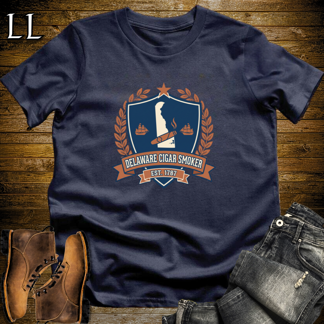 Delaware Cigar Smoker Shield T-Shirt Navy | Cigar Crest Gift Tee
