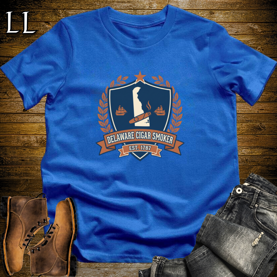 Delaware Cigar Smoker Shield T-Shirt Royal Blue | Cigar Crest Gift Tee