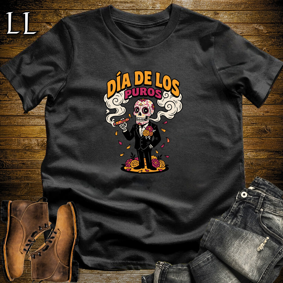 Dia de los Puros Calavera Gentleman Marigold Cigar T-Shirt Black | Calavera Day of the Dead Cigar Shirt