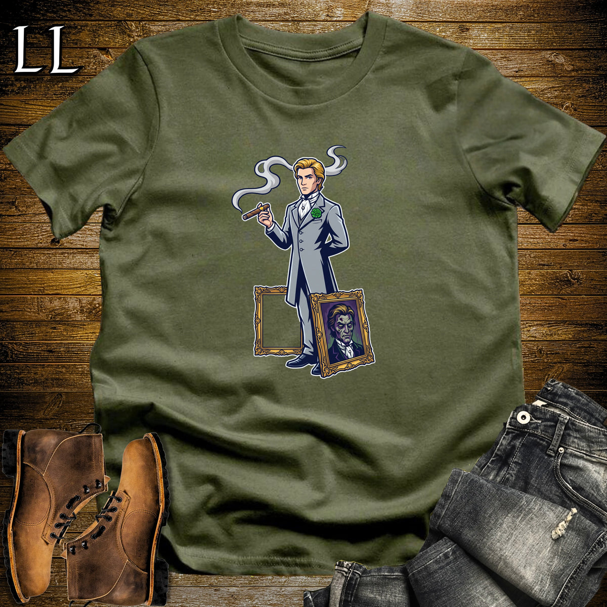 Dorian Gray Portrait Cigar T-Shirt Military Green | Haunted Portrait Cigar Tee